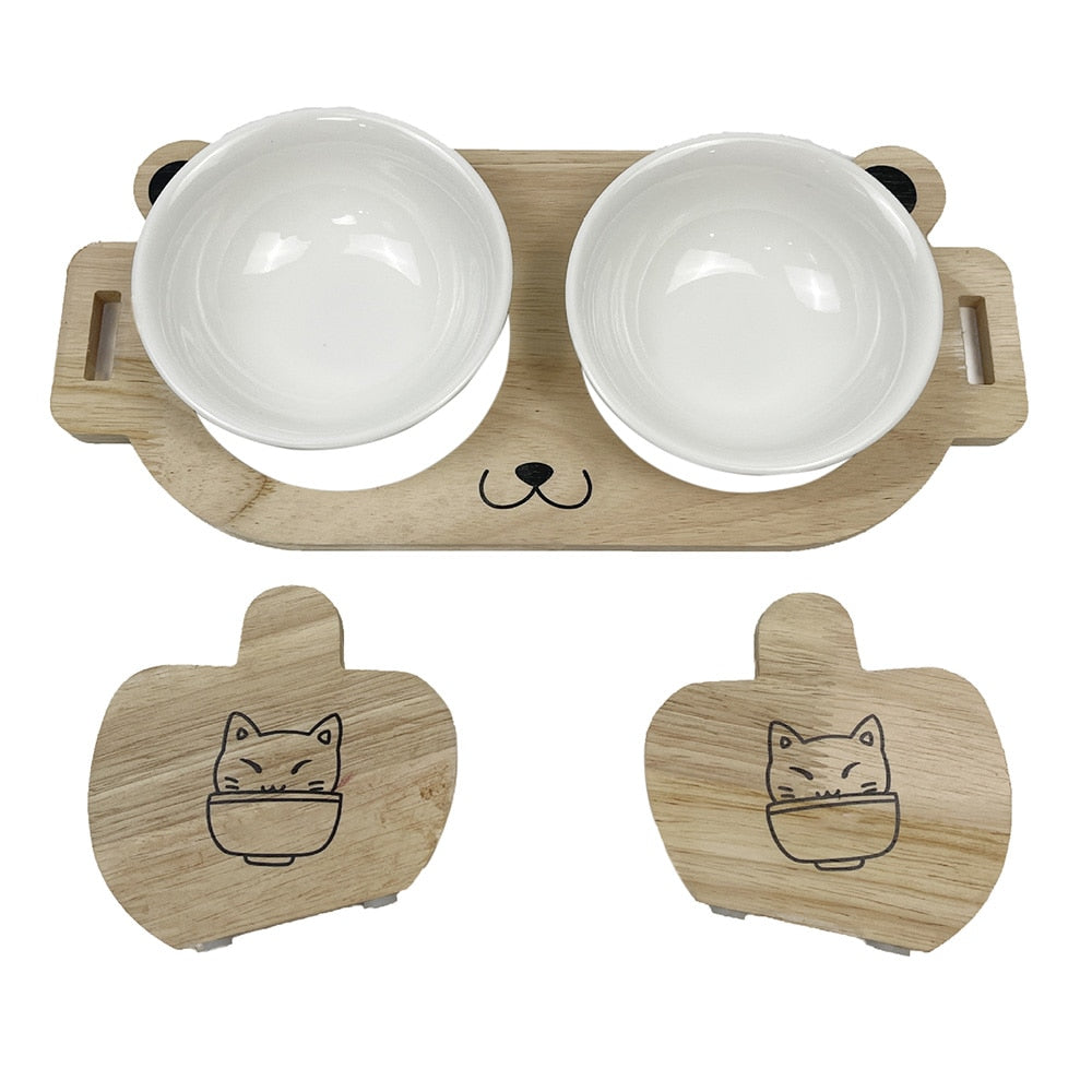 2 Ceramic Pet Bowl Dish With Wood Stand
