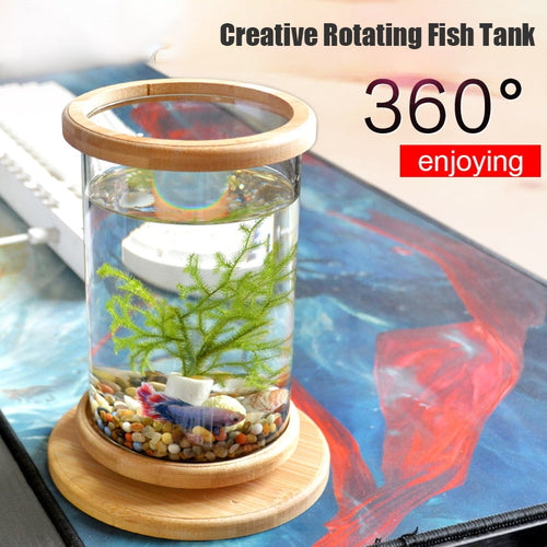 360 Degree Rotating Glass Mini Fish Tank, Bamboo Base; 3 Options Available - bnotebuzz