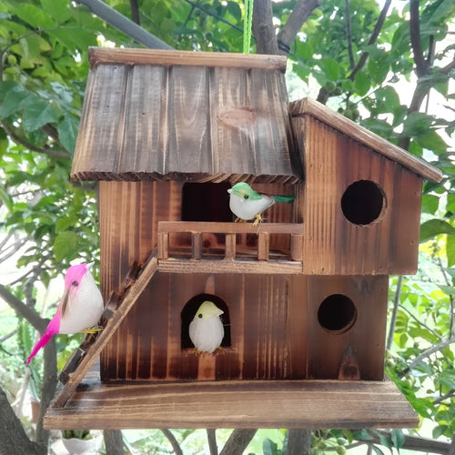 Outdoor Bird House for 4 Birds, Wood, 2 Size Options - bnotebuzz